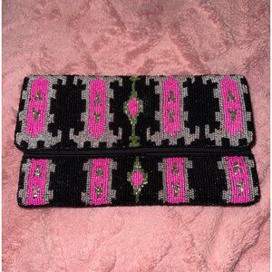 Black & Pink Beaded Clutch with Chain Strap and Snap Closure